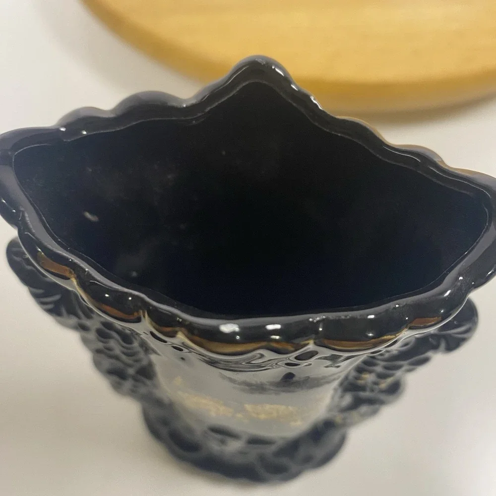 Japanese Style Black Boat Vase And Two Medium with Peacock Floral Scene 3 Pieces